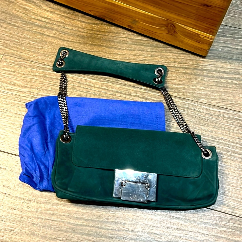 Stuart Weitzman forest green suede bag with chain strap